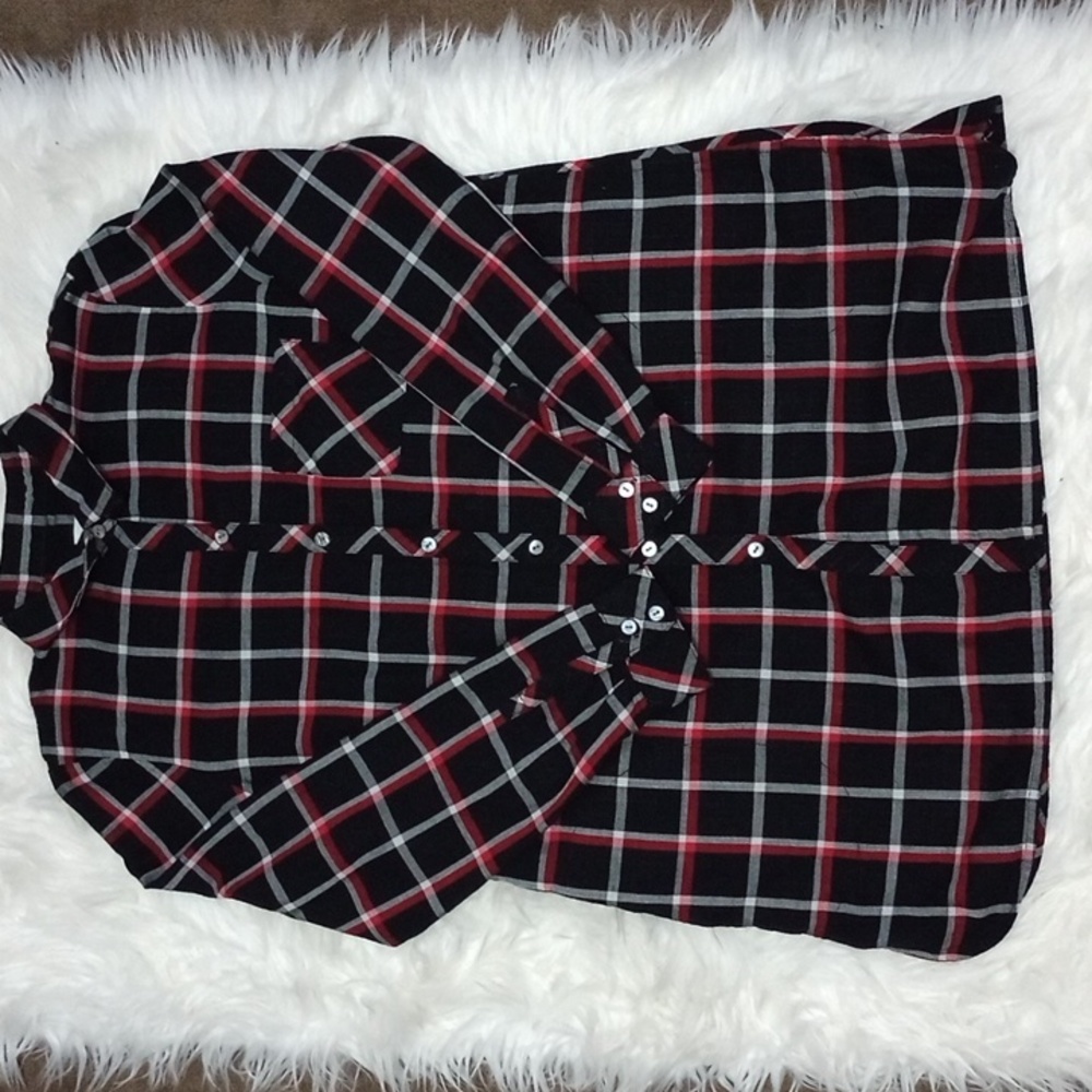 J.Jill Plaid Blouse Button Down Tunic Blouse Size M Black/Red Color Pre-owned